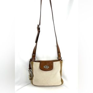 Fossil Brown Cream Brown Canvas Leather Small Shoulder Bag Purse Charm Turnlock
